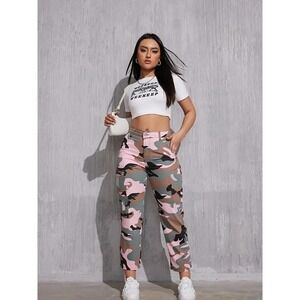 Camo Loose Fit Straight Jeans, Slight Stretch Slant Pockets‎ Denim Pants Size M